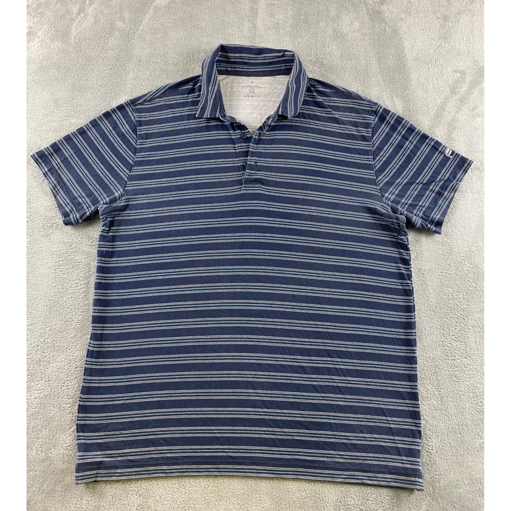 Fabletics Mens Large Navy Blue Teal Striped Short Sleeve Polo Shirt Cotton Modal